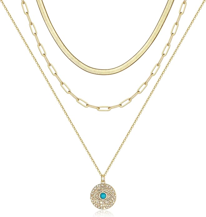 Turandoss Dainty Layered Choker Necklace, Handmade Y Pendant Necklace Multilayer Bar Disc Necklace Adjustable Layering Choker Necklaces for Women