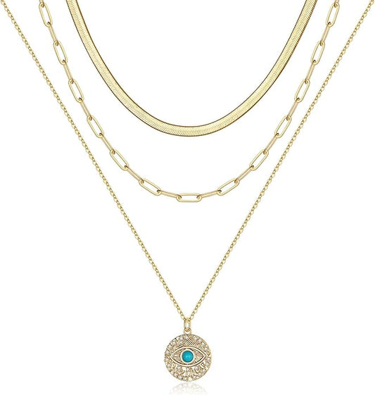 Turandoss Dainty Layered Choker Necklace, Handmade Y Pendant Necklace Multilayer Bar Disc Necklace Adjustable Layering Choker Necklaces for Women