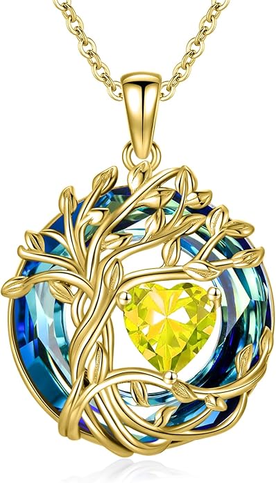 TOUPOP Christmas Gifts Tree of Life Birthstone Necklace 925 Sterling Silver Pendant Austrian Crystal Jewelry Anniversary Birthday Gifts for Women Mom Her Wife