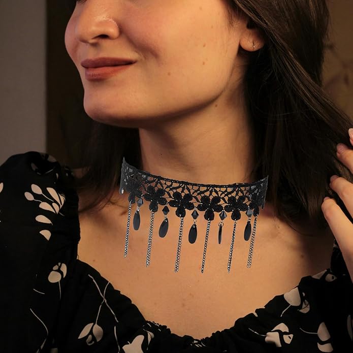 Gothic Lace Choker Necklace for Women,Vintage Black Crystal Hollowed Out Choker Statement Punk Style Layered Tassels Necklace Halloween Dark Witch Costume