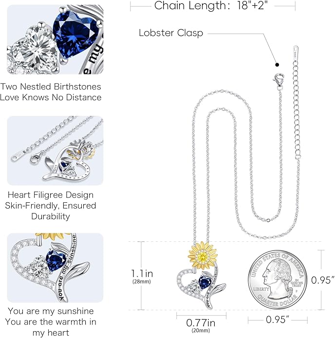 PERJI Valentine's Day Gifts for Women - 925 Sterling Silver Double Birthstone Sunflower Necklace, Anniversary Birthday Jewelry You are My Sunshine Gifts for Wife Couple Girlfriend 18"+2" Non Tarnish