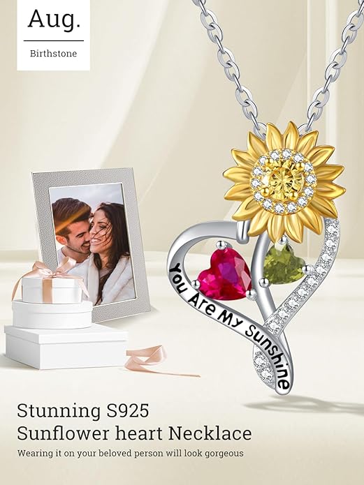 Zeuslia Double Birthstone Necklace Gifts for Wife - 925 Sterling Silver Sunflower/Rose/Crown Cross/Compass/Heart Pendant I Love You Necklace, Anniversary Birthday Gifts for Wife Girlfriend Mom Her