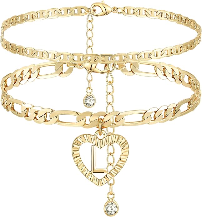 YANODA Initial Ankle Bracelets for Women 14K Gold Plated Layered Figaro Chain Letter Initial Anklets Handmade Layered Heart Ankle Bracelets Personalized Jewelry for Women