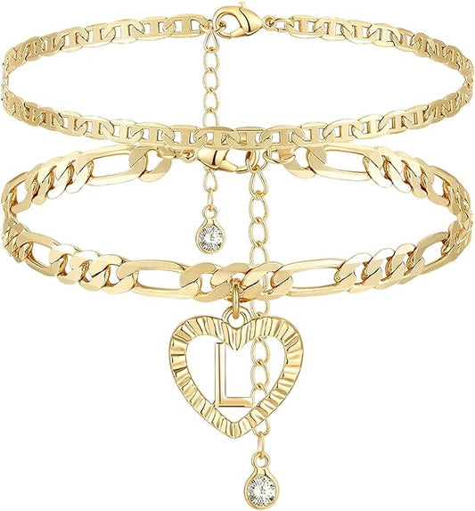 YANODA Initial Ankle Bracelets for Women 14K Gold Plated Layered Figaro Chain Letter Initial Anklets Handmade Layered Heart Ankle Bracelets Personalized Jewelry for Women