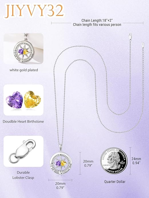 JIYVY32 Compass Birthstones Necklace for Women, Exquisite S925 Necklace Anniversary Birthday Gifts for Wife Her Double Birthstone Pendant jewelry ‘I'd be Lost Without You’