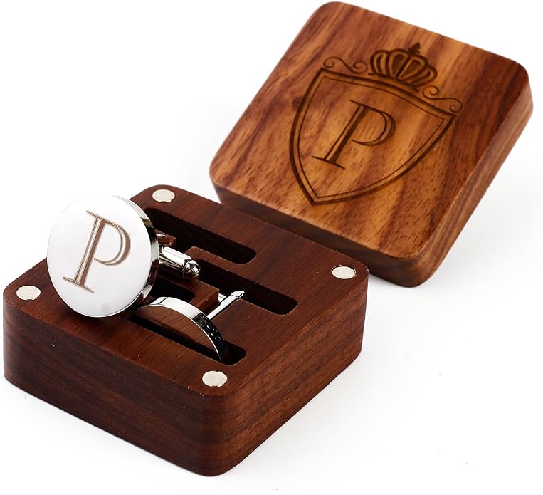 Mens Initial Silver Cufflinks A-Z Alphabet Letter Steel Cuff Links with Engraved Walnut Wood Box Groom Groomsman Wedding Set…