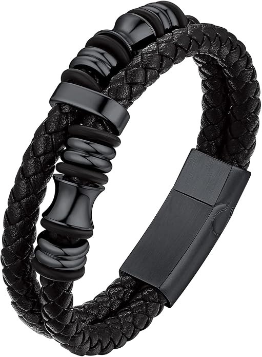 Bestyle Genuine Men Leather Bracelets Fashion Stainless Steel Celtic/Sport Ball Bead Cuff Wirstband Bracelets for Men, Size 7.5/8.3/9.1Inch