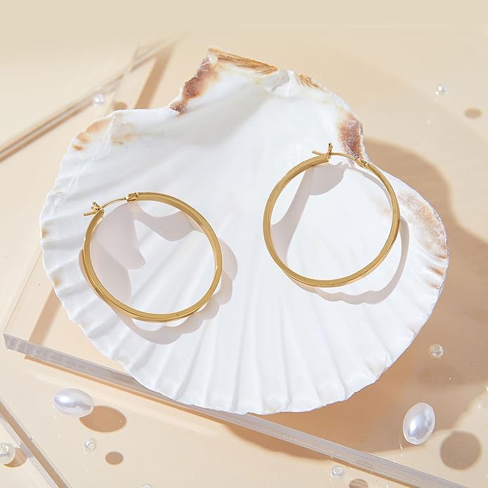 Gacimy Flatted Hoop Earrings for Women 14K Gold Plated with 925 Sterling Silver Post