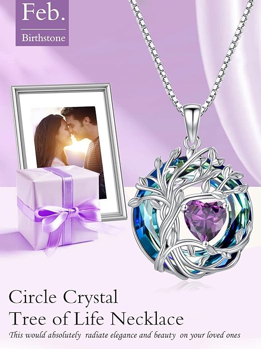 TOUPOP Christmas Gifts Tree of Life Birthstone Necklace 925 Sterling Silver Pendant Austrian Crystal Jewelry Anniversary Birthday Gifts for Women Mom Her Wife