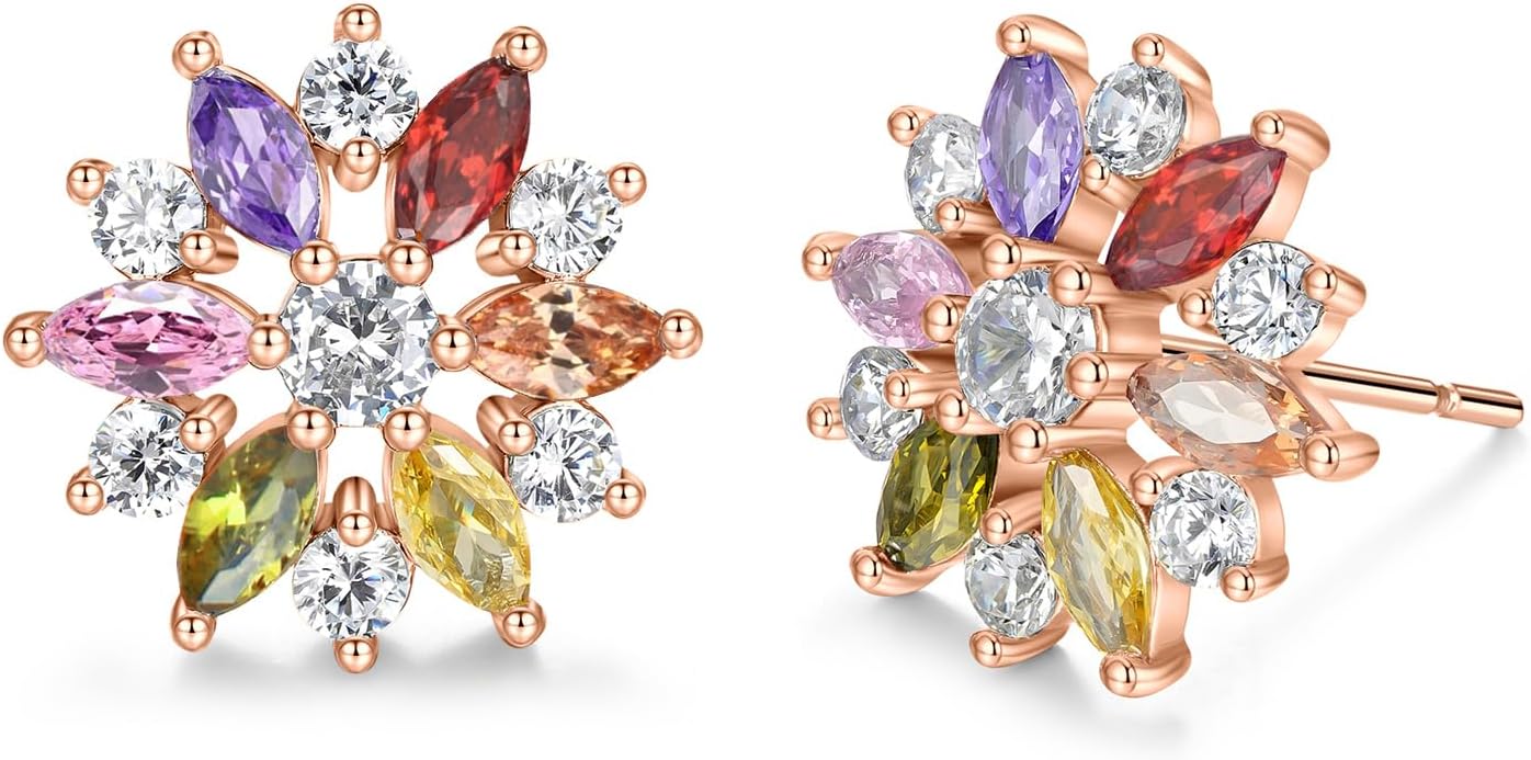 VONSSY Colorful Snowflake Pendant Necklace Earrings Rose Gold 5A Cubic Zirconia | Crystal Sweater Chain | Multi Gemstone Garnet Amethyst Morganite Peridot Prom Rhinestone Necklaces for Women Vintage Stylish Gift