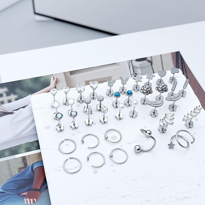 38pcs Silver Flat Back Stud Earrings for Women Hypoallergenic Surgical Steel Stud and hoops Earrings for Sensitive Ears Stacked Tiny Screw Backs Cartilage Tragus Earring Set for Multiple Piercing