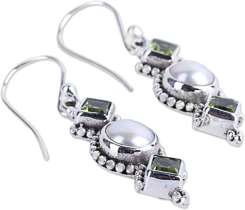 NOVICA Artisan Crafted Sterling Silver Cultured Pearl Peridot Earrings | Multi Gemstones Dangle | Cluster pearl Freshwater | Hypoallergenic Jewelry | Lead & Nickel Free | Long French Wire Hook | '