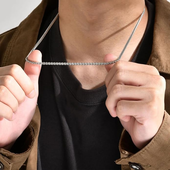 HZMAN 3.0 mm Stainless Steel Wheat Silver Chain Necklaces for Men & Women 16" -36"