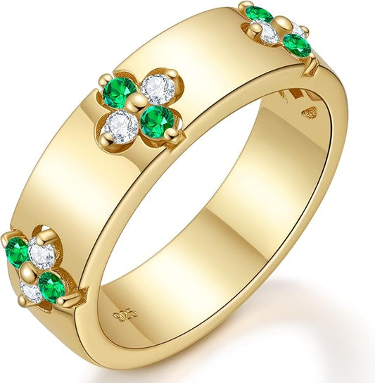 Premium Emerald&Moissanite Clover Rings for Lucky Women|Moissanite D Color VVS1 Clarity 3EX Cut|925 Sterling Silver 14K Gold Plated Non Tarnish