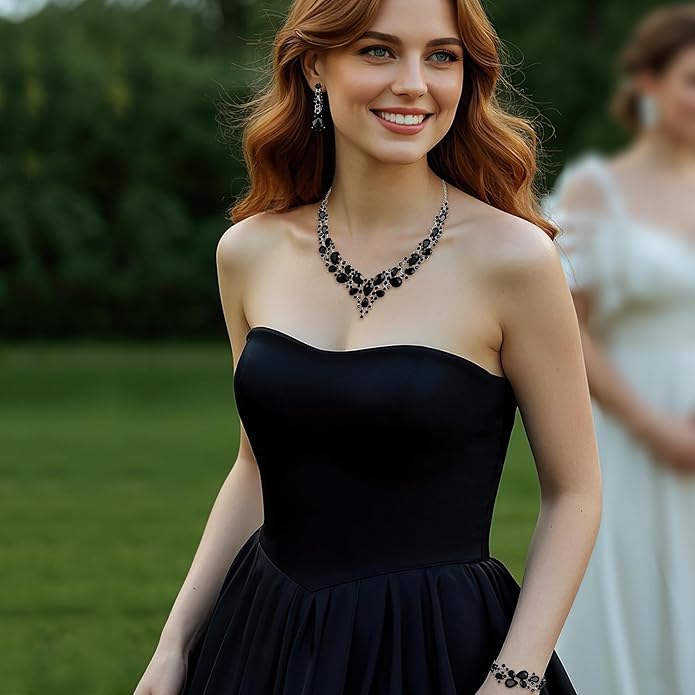 BriLove Wedding Bridal Jewelery for Women Austrian Crystal Teardrop Cluster Statement Necklace Dangle Earrings Link Bracelet Set