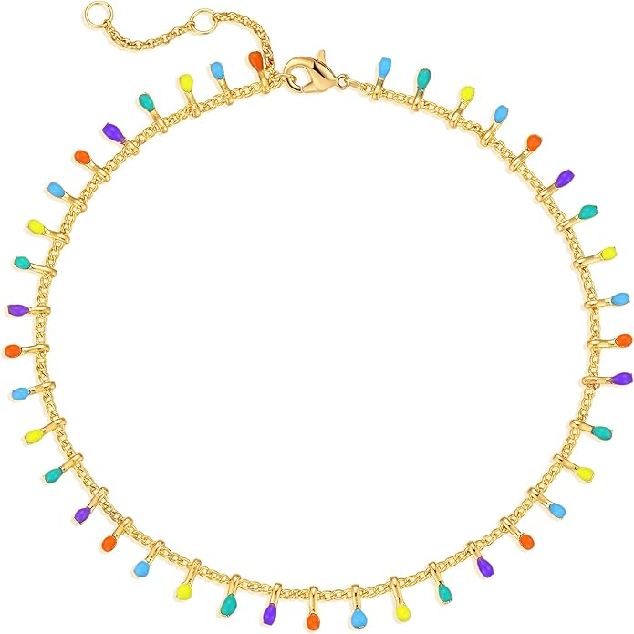 MTMY Gold Anklets for Women 14K Gold Plated Tiny Bead Anklet Colorful Tassel Foot Chain Dainty Adjustable Cute Summer Beach Boho Anklets Jewelry Gift