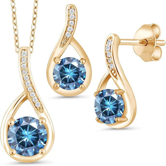 Gem Stone King 18K Yellow Gold Plated Silver Round Gemstone Birthstone and Diamond Pendant Earrings Jewelry Set For Women | Round 6MM and 5MM | With 18 Inch Chain