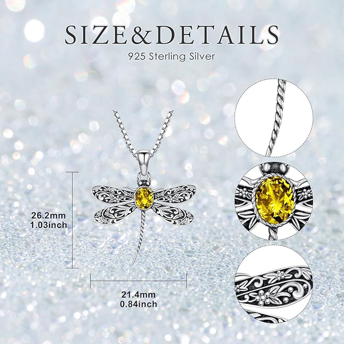 Vintage Dragonfly Necklace for Women 925 Sterling Silver, Oval Birthstone Dragonfly Pendant Boho Jewelry Birthday Gift for Her, Mom, Grandma