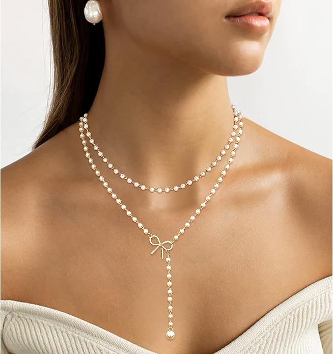 Layered Pearl Choker Necklaces for Women Gold Plated Dainty Trendy Faux Pearl Drop Pendant Y Shaped Layered Gold Necklace Wedding Bridal Jewelry