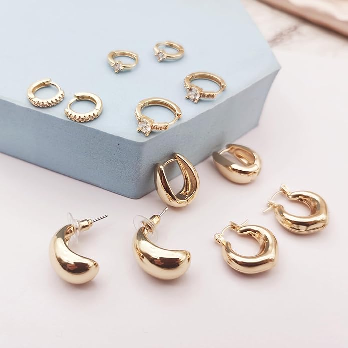 6 Pairs Gold Hoop Earrings for Women, 14K Gold Plated Huggie Hoop Earrings Set Hypoallergenic Lightweight Chunky Open Hoops Jewelry for Gift
