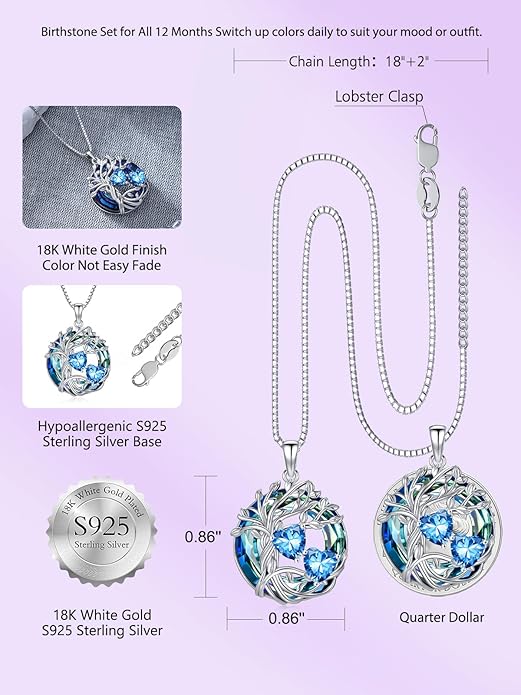 TOUPOP s925 Sterling Silver Family Celtic Tree of Life Pendant Necklaces with 2 Heart Birthstone with Blue Austrian Crystal Jewelry Birthday Anniversary Christmas Gifts for Her Wife Girlfriend Mom (18K Real White Gold Filled)