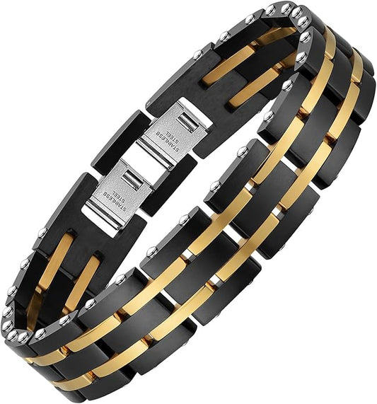 Holizaly Men's Stainless Steel Two Tone Square Link Bracelet, Black and Blue Ion Plated Black