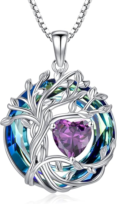 TOUPOP Christmas Gifts Tree of Life Birthstone Necklace 925 Sterling Silver Pendant Austrian Crystal Jewelry Anniversary Birthday Gifts for Women Mom Her Wife