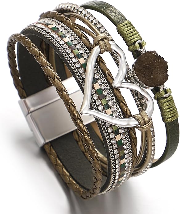 Leather Wrap Bracelet for Women Beaded Cuff Bracelet with Heart-shape Decor Bohemian Crystal Bracelet Jewelry with Clasp Bangle Bracelet for Women Girls Birthday Holiday Gift