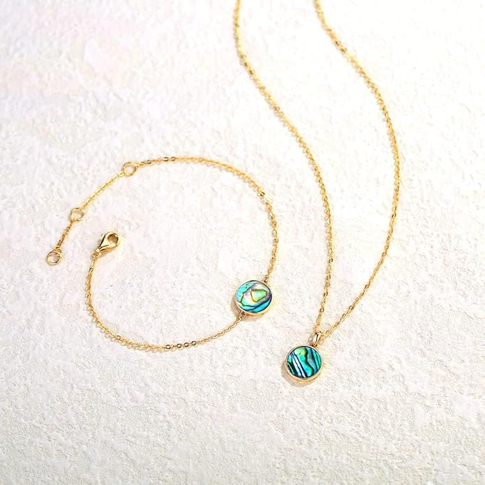 AGVANA Valentines Day Gifts 14K Solid Real Gold Coin Necklace Bracelet for Women Mother of Pearl/Abalone/Turquoise/Black Onyx/Opal Fine Jewelry Anniversary Birthday Gifts for Women Mom Wife Her