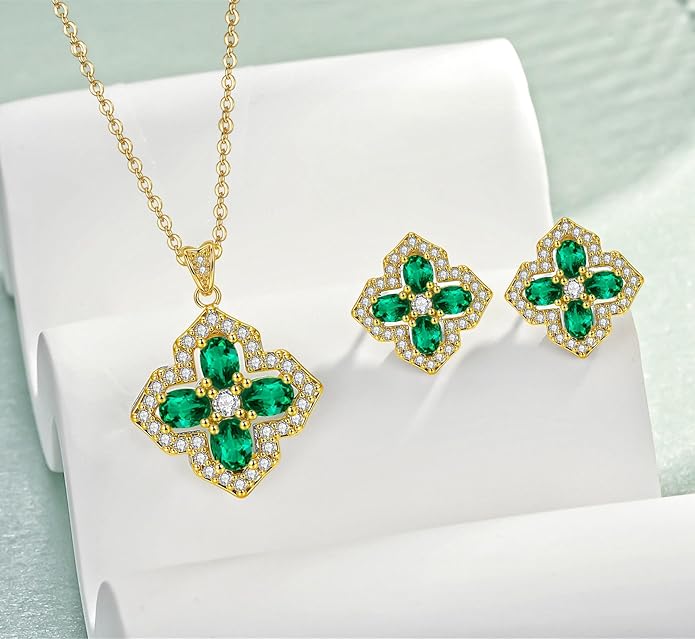 VONSSY Four Leaf Clover Necklace Earrings Shamrock Irish ST Patricks Jewelry Set Gift Green Emerald Zircon Crystal Stud 18k Gold Plated Chain Saint Pendant for Woman Wife Girlfriend