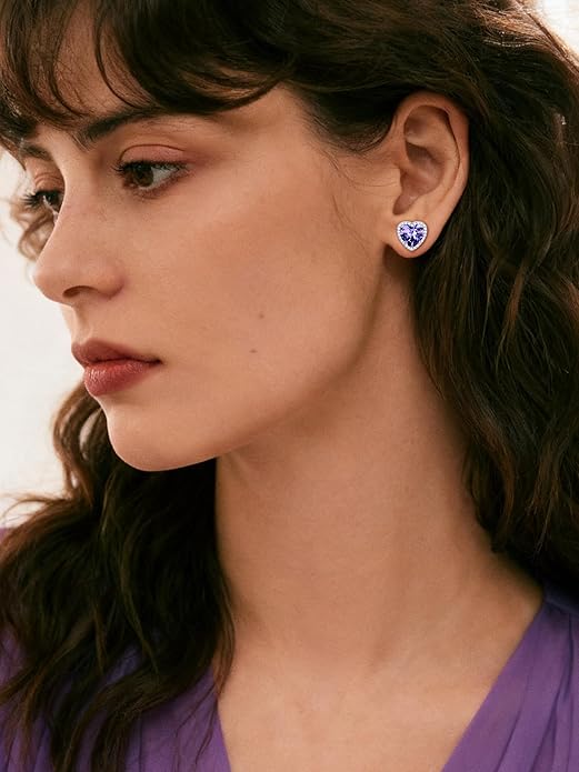 ChicSilver 925 Sterling Silver Birthstone Earrings for Women, 8MM/2 Carat Heart & Round Cubic Zirconia Stud Earrings, Hypoallergenic Jewelry, Ideal Birthday or Christmas Gifts