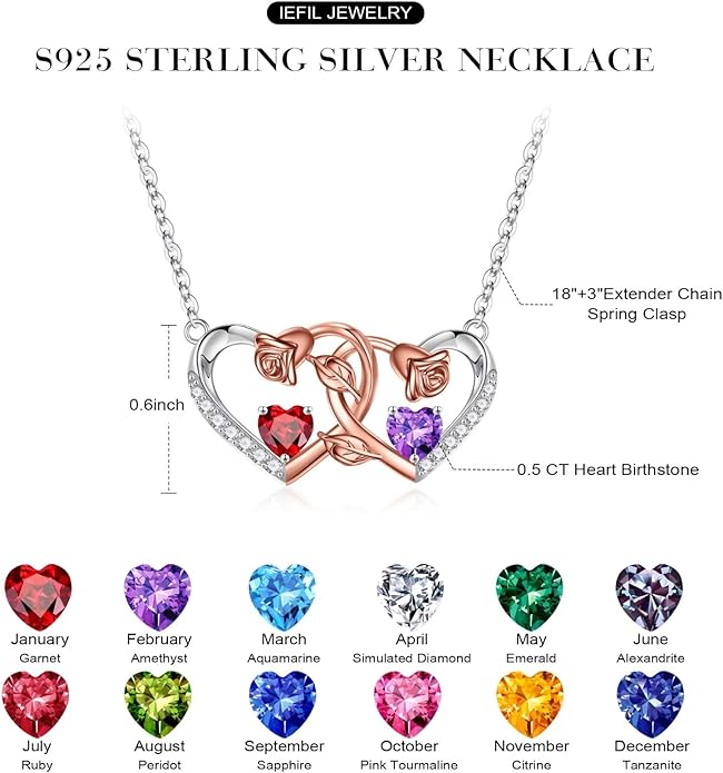 Iefil Chrismas Gifts for Wife - 925 Sterling Silver Rose Birthstone Necklace, Stocking Stuffers for Women Wife Girlfriend Mom