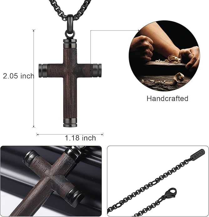 GTMJ Cross Necklace for Men -Stainless Steel & Wood Adjustable Box Chain 24-26in, Spiritual Jewelry Gift for Him, Everyday Wear