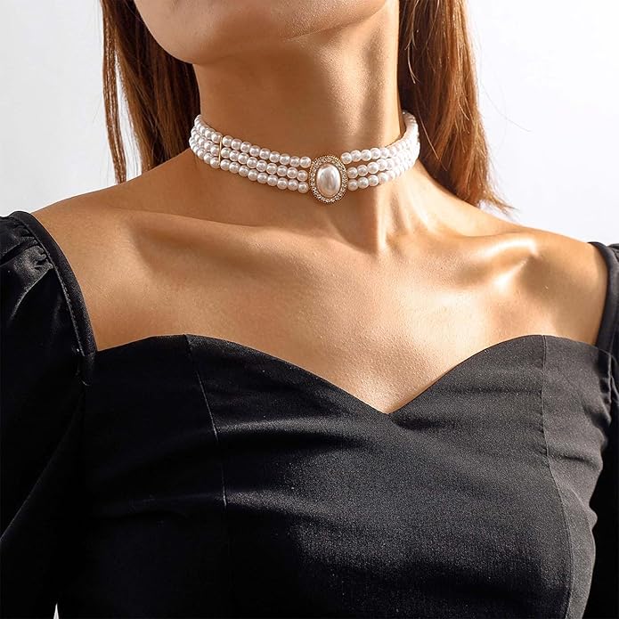 BABEYOND Round Imitation Pearl Choker Necklace Multi Strands Choker 20s Flapper Necklace Accessories for Gatsby Themed Party