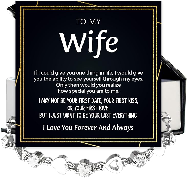 To My Wife Crystal Heart Bracelet Gift From Husband, Beautiful Wife Jewelry For Anniversary, Birthday, Christmas, Valentine’s Day, Bracelet For Her With Heartfelt Message & Elegant Box