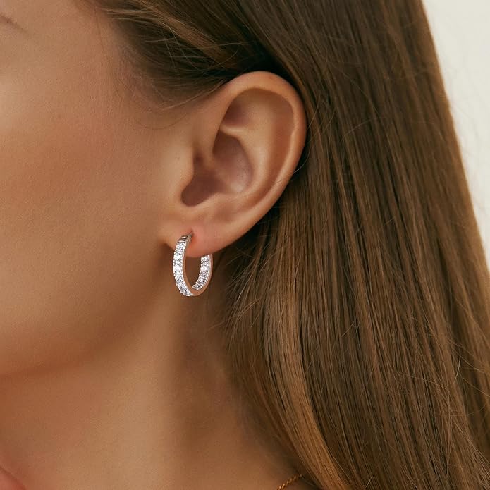 Yellow Gold Plated/925 Sterling Silver Sparkle Cubic Zirconia Hoop Earrings for Women fit Sensitive Ears 14mm/20mm/26mm Huggie/Medium/Large Hoops(with Gift Box)