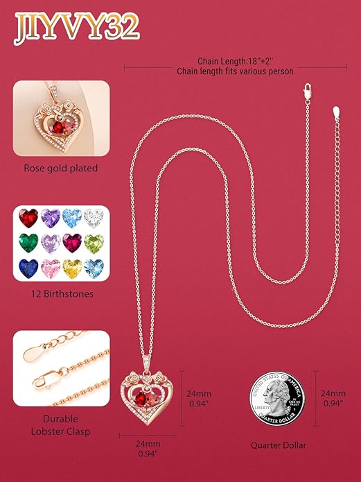 JIYVY32 Rose Heart Necklace for Women Exquisite 925 Sterling Silver Anniversary Birthday Gifts for Wife Mom Her Double Birthstone Pendant Jewelry