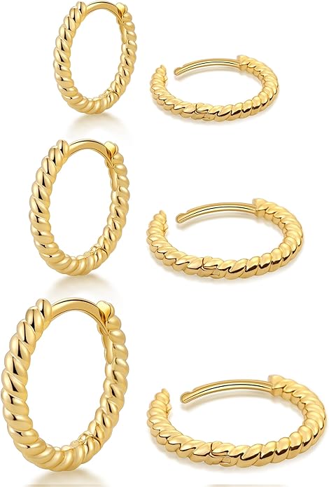 micuco 3 Pairs Small Hoop Earrings Set for Women, 14K Gold Plated Huggie Hoop Earrings for Men, Tiny Cartilage Hypoallergenic Earring Set