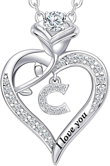 DWWGE Rose Heart Pendant Necklace Gifts for Wife, Engraved 'I love you' Gift for Wife Girlfriend, Anniversary Birthday Eternity Jewelry Present for Women, Moissanite Necklace Gift for Her