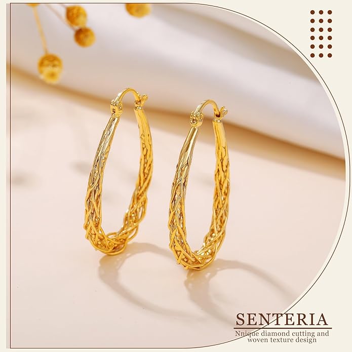 Senteria Sterling Silver Hoop Earrings - Medium, Lightweight, Thick Twist Oval Hoops