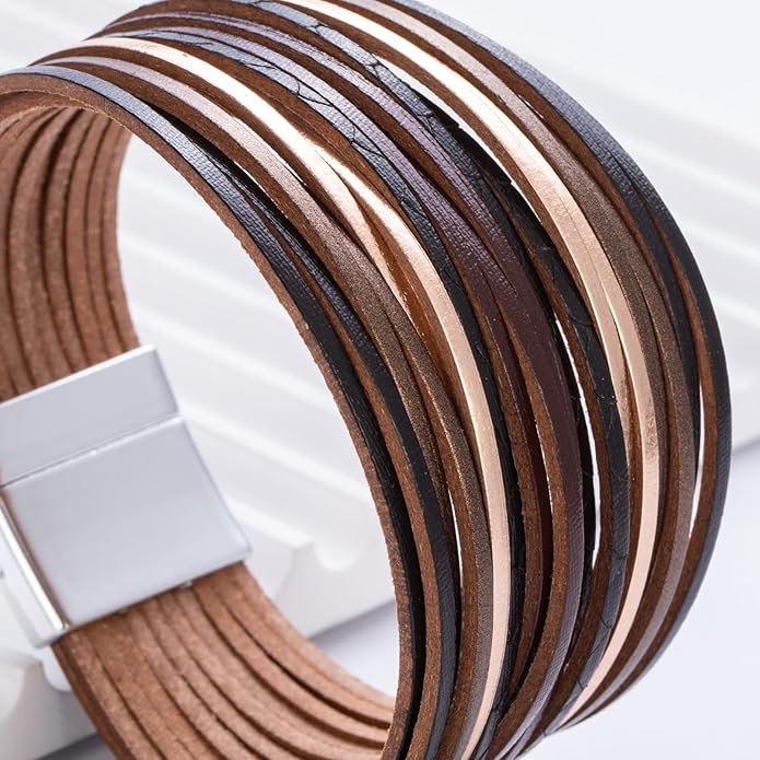 FANCY SHINY Boho Leather Wrap Bracelet Stackable Layered Bangle Cuff with Magnetic Clasp
