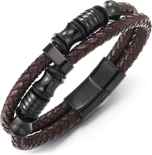 COOLSTEELANDBEYOND Mens Double-Row Braided Leather Bracelet Bangle Wristband with Stainless Steel Ornaments