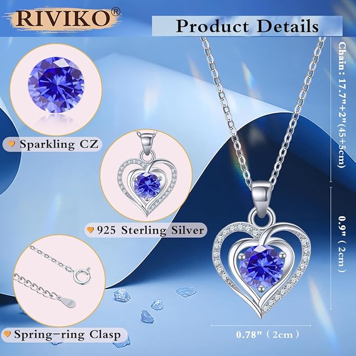RIVIKO Heart Birthstone Pendant Necklace for Women 925 Sterling Silver Zirconia Necklaces Wedding Anniversary Birthday Mothers Day Jewelry Gifts For Her Mother Wife
