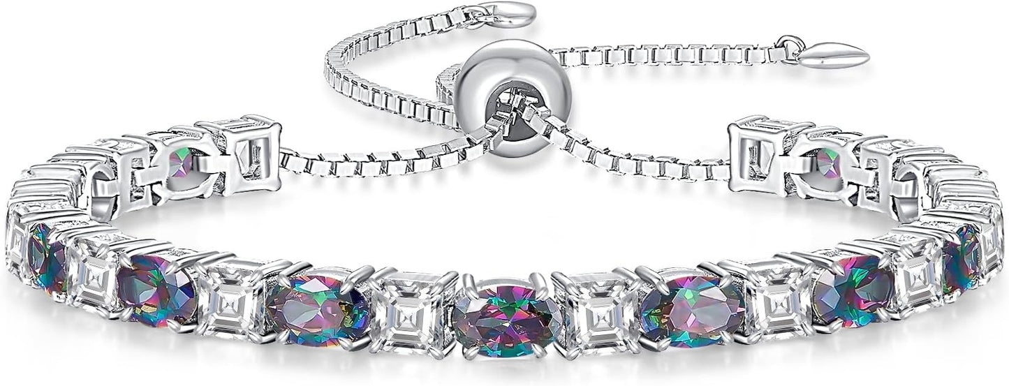 Sterling Silver Birthstone Bracelets for Women White Gold Tennis Bracelets Adjustable Chain 6-9 Inchs Jewelry Hypoallergenic Anniversary Birthday Gifts for Women Mom Wife Her