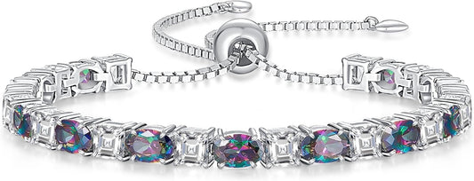 Sterling Silver Birthstone Bracelets for Women White Gold Tennis Bracelets Adjustable Chain 6-9 Inchs Jewelry Hypoallergenic Anniversary Birthday Gifts for Women Mom Wife Her