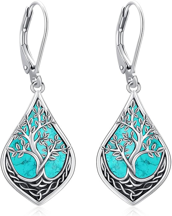 Eusense Sterling Silver Dangle Earrings for Women Tree of Life Animals Moonstone Turquoise Leverback Earrings Jewelry Gifts