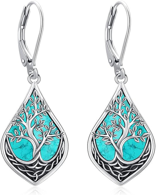 Eusense Sterling Silver Dangle Earrings for Women Tree of Life Animals Moonstone Turquoise Leverback Earrings Jewelry Gifts