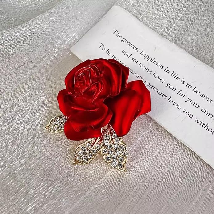 QLUYCKW Rose Flower Brooch Pin for Women Fashion Dainty Gold Plated 3D Red Roses Floral Crystal Brooch Pin Birthday Dress Suit Accessories Jewelry