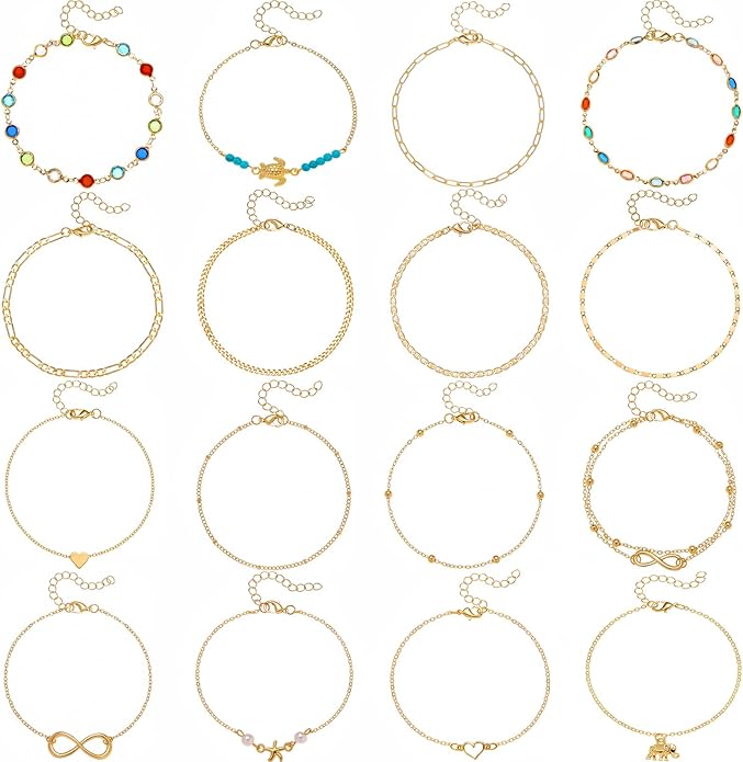 Starain 12Pcs Summer Beach Anklets for Women Waterproof Gold Silver Chain Ankle Bracelets Cute Women's Foot Anklet Set 7.9-10.5 inch Adjustable