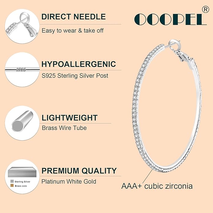 925 Sterling Silver Earrings Large Rhinestone Hoop Earrings Big Cubic Zirconia Hoop Earrings Thin Rhinestones Round Hoop Earrings for Women 20/30/40/50/60/70mm Sparkly Hoops With Crystals for Womens